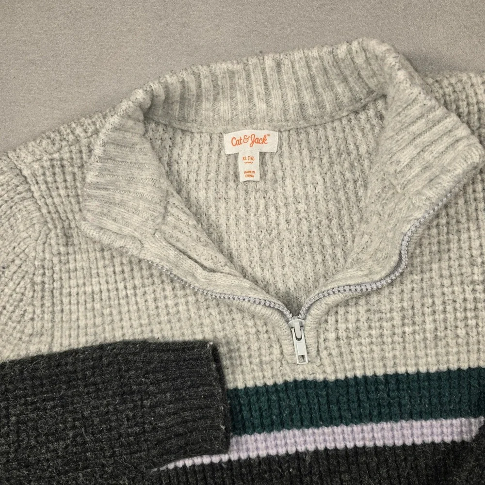 Cat & Jack Boys XL 16 Grey Colorblock Quarter Zip Waffle Knit Sweater Pullover